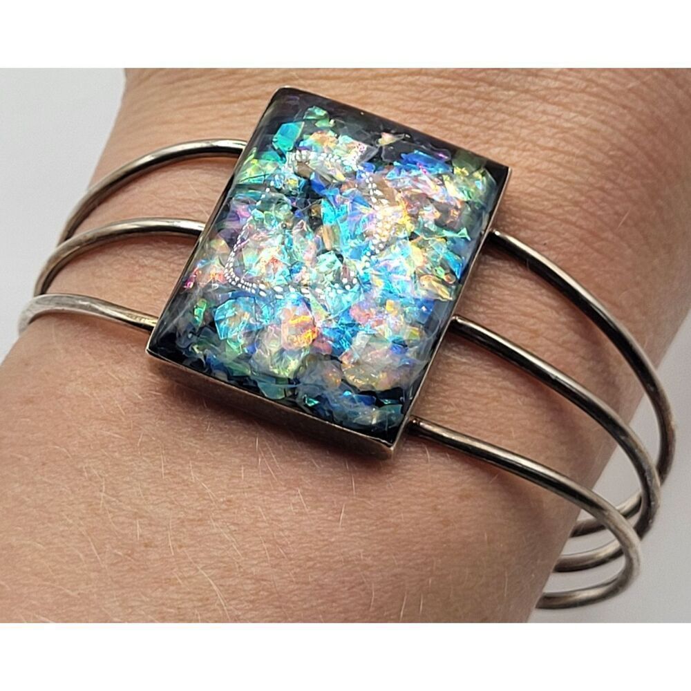 Vintage Sterling Silver Opal Art Glass Estate Cuff Bracelet Bangle Cuff 27g 2.5"